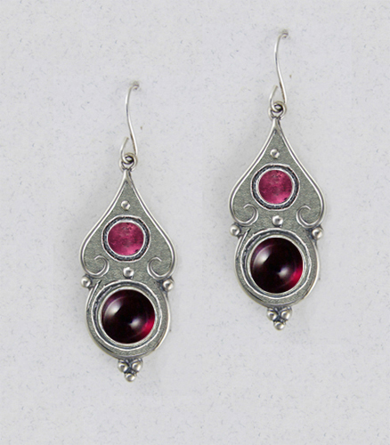 Sterling Silver Gothic Look With Garnet And Pink Tourmaline Gemstone Drop Dangle Earrings